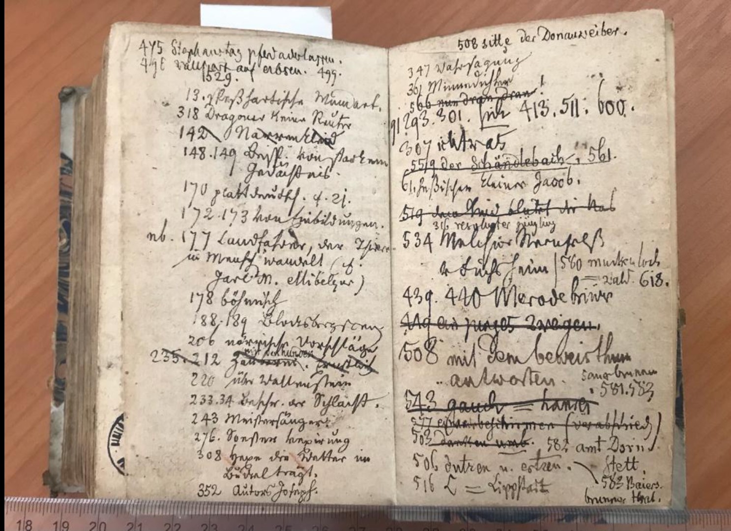 photo of an open old damaged book with visible handwritten notes - grafika artykułu