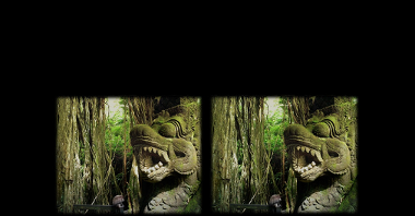Stereophotograph of stone sculpture among exotic plants.